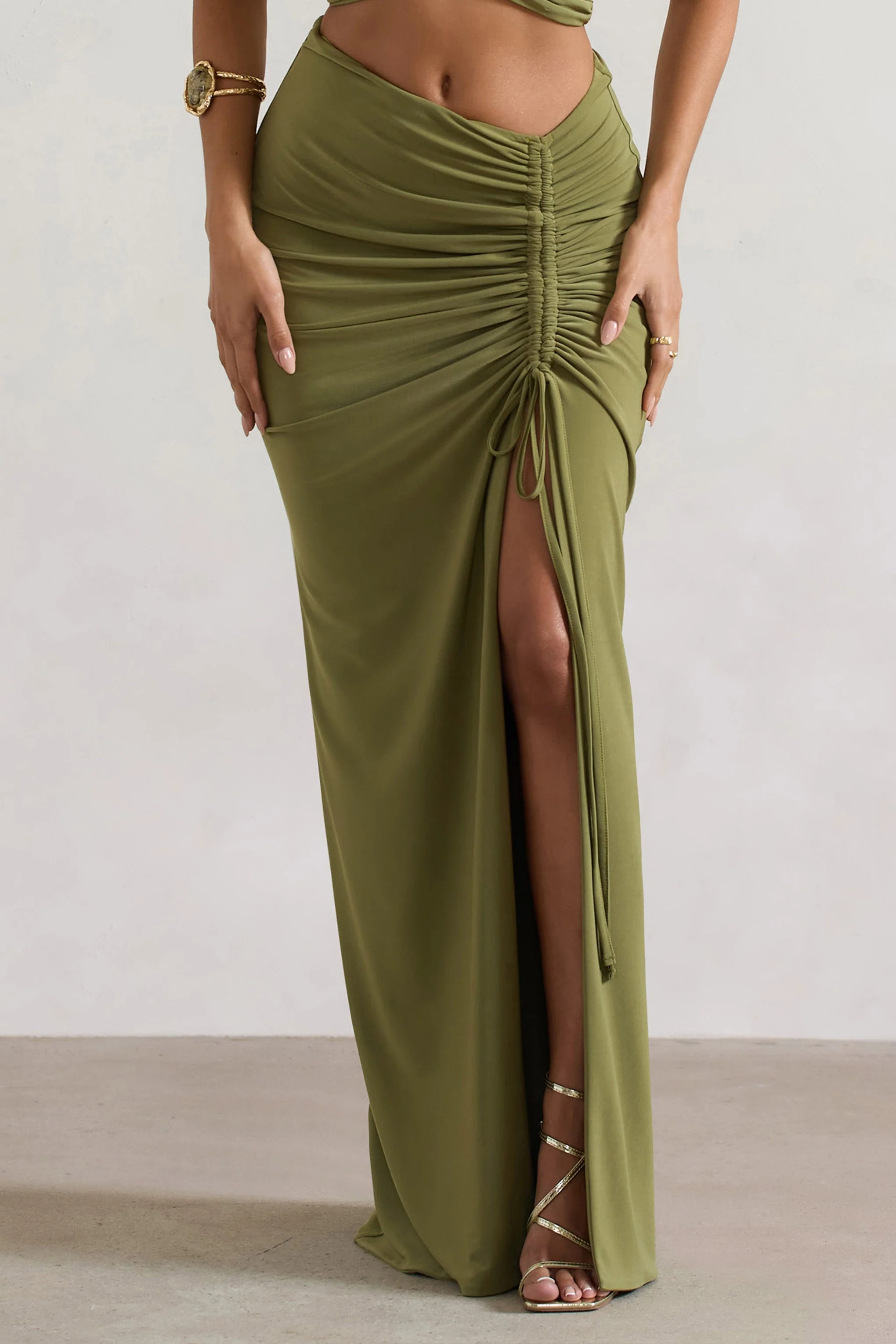 Olive Ruched Split Maxi Skirt