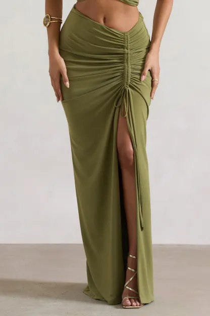 Olive Ruched Split Maxi Skirt