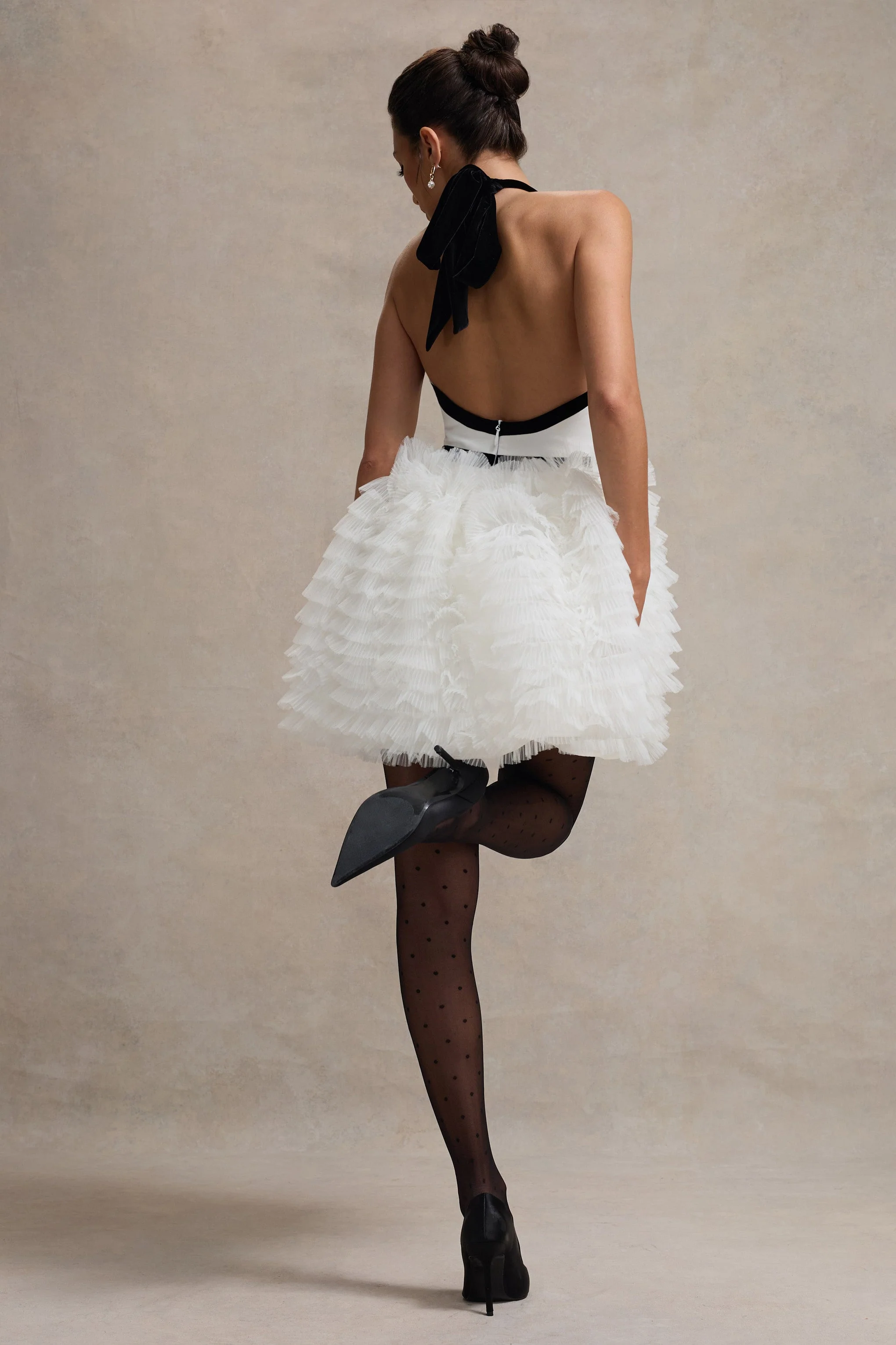 Black & White Plunge-Neck Mini Dress With Tulle Skirt