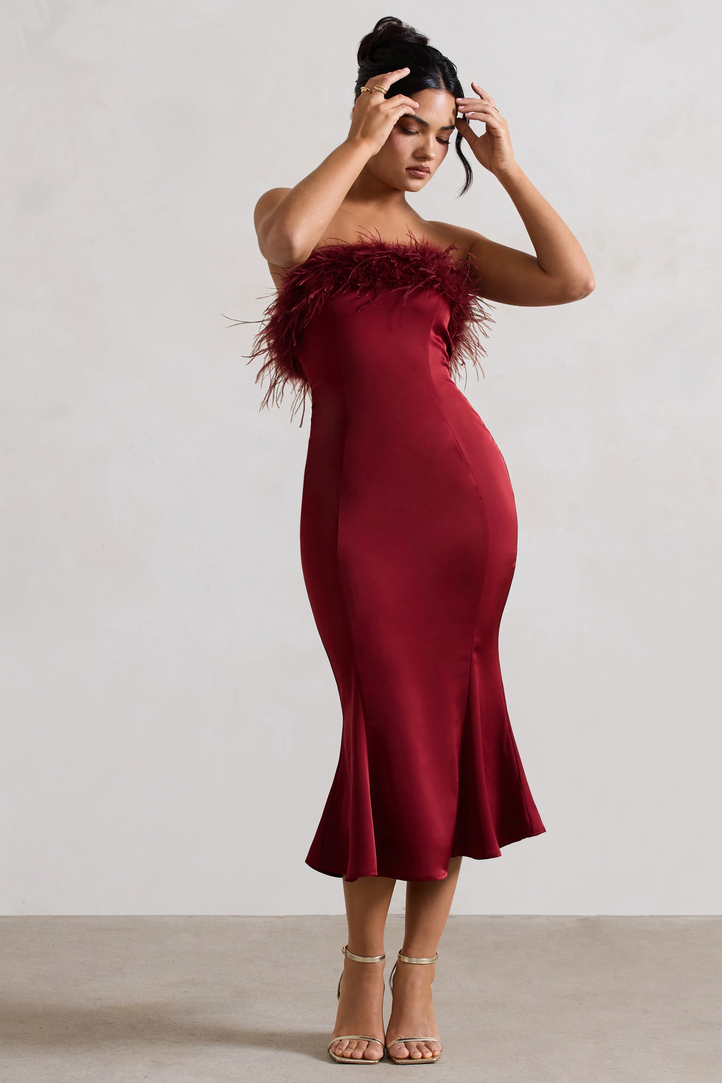 Berry Satin Feather Trim Bandeau Midi Dress
