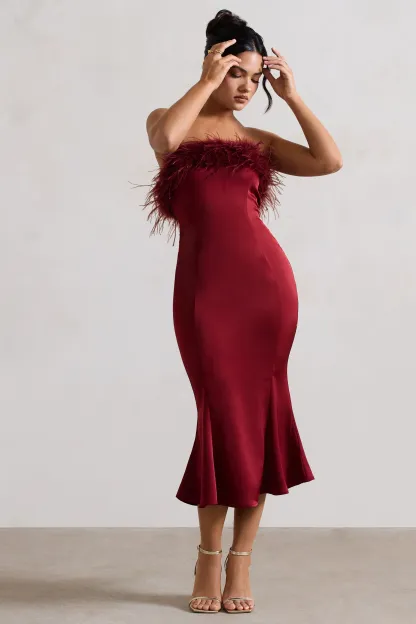 Berry Satin Feather Trim Bandeau Midi Dress
