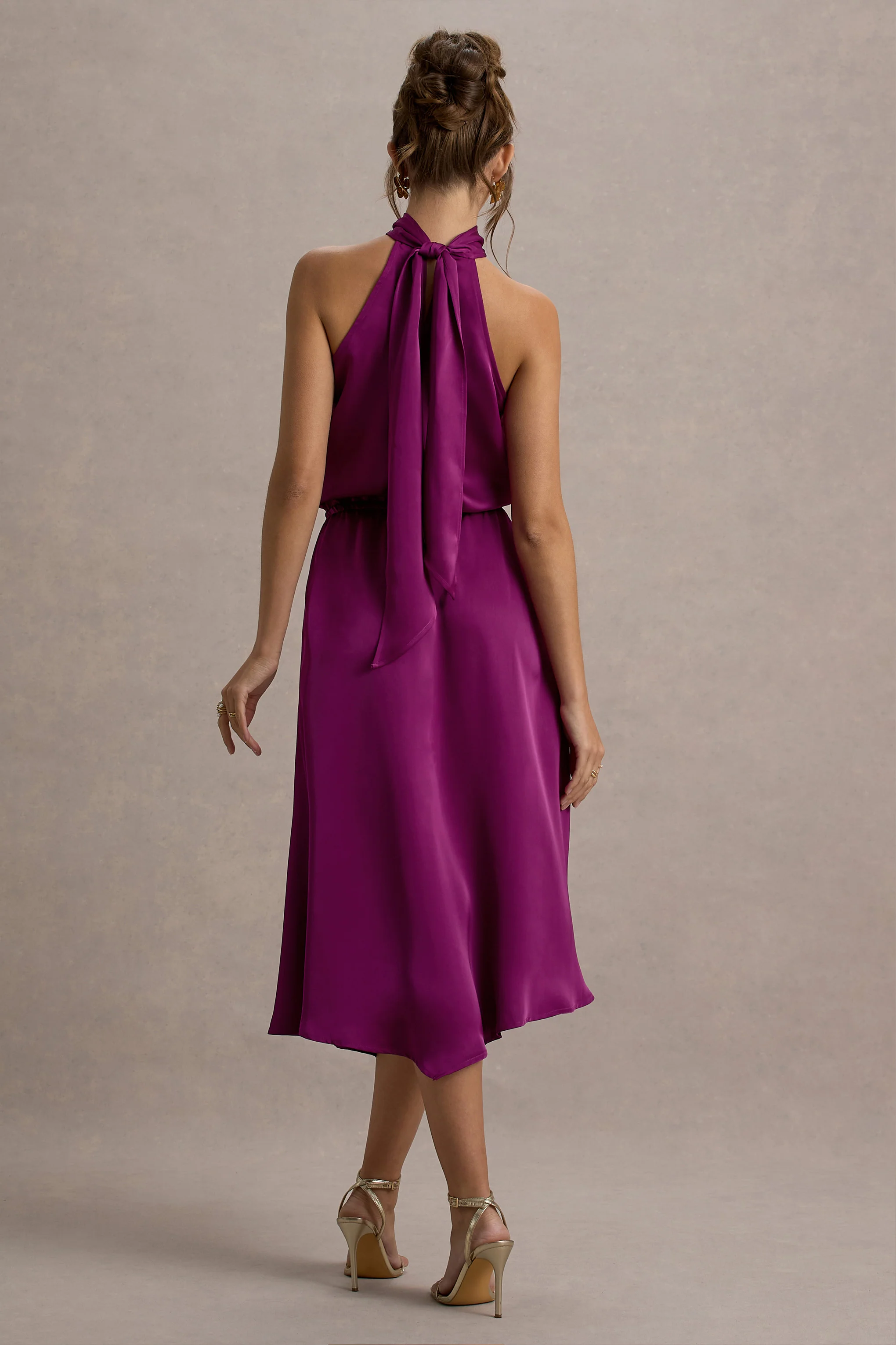Dark Pink Satin High-Neck Split Midi Dress