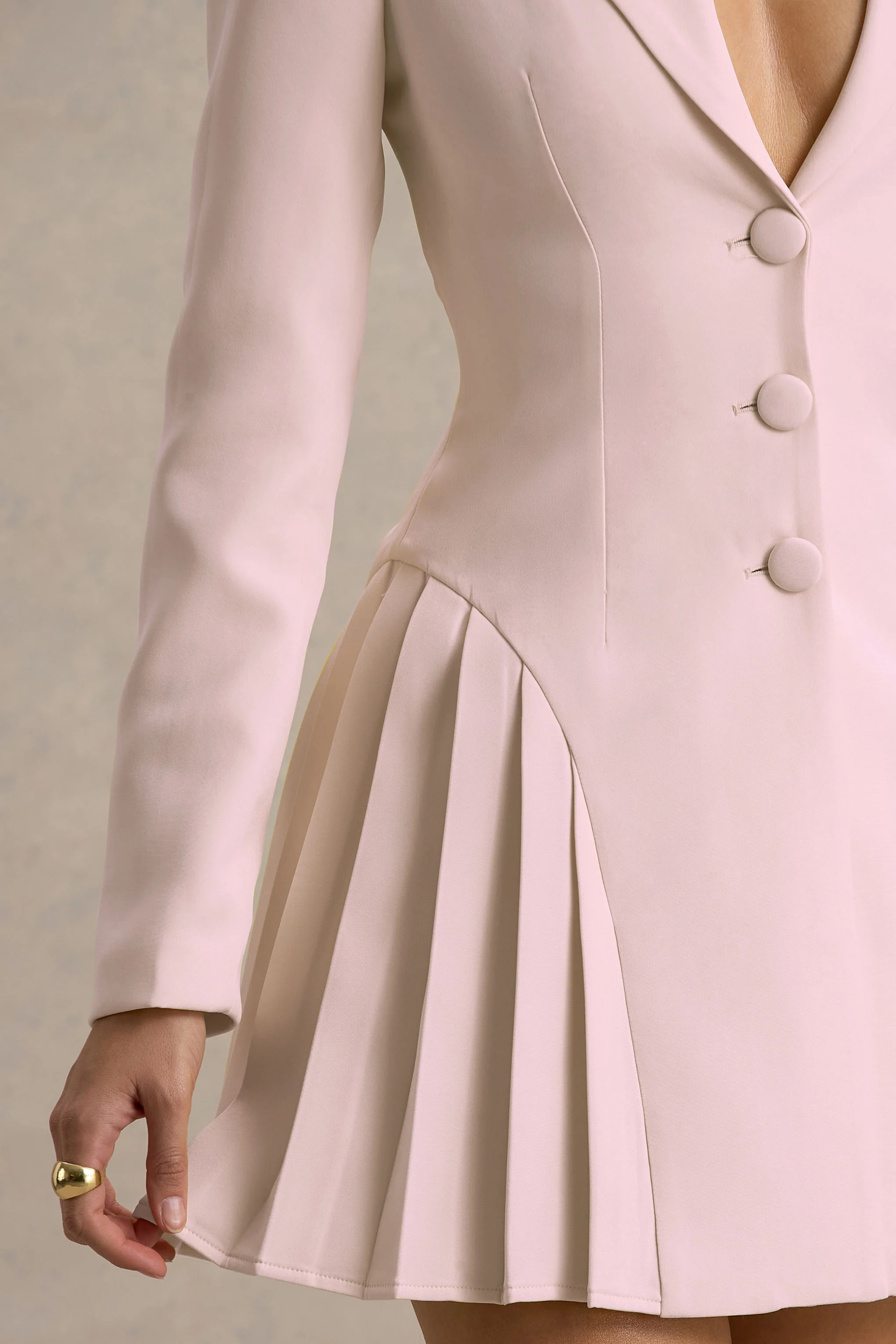 Baby Pink Plunge-Neck Tailored Mini Dress With Pleating