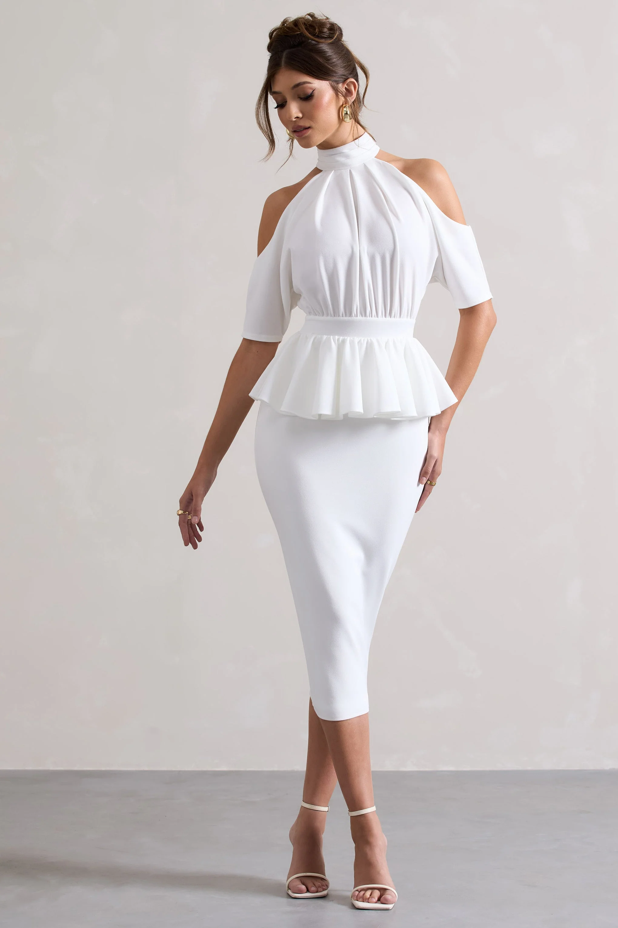 White High-Neck Cut-Out Midi Dress With Peplum Waist