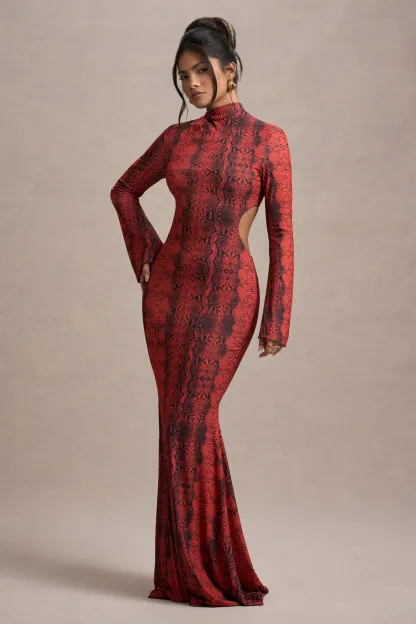 Red Snake Print High-Neck Cut-Out Maxi Dress