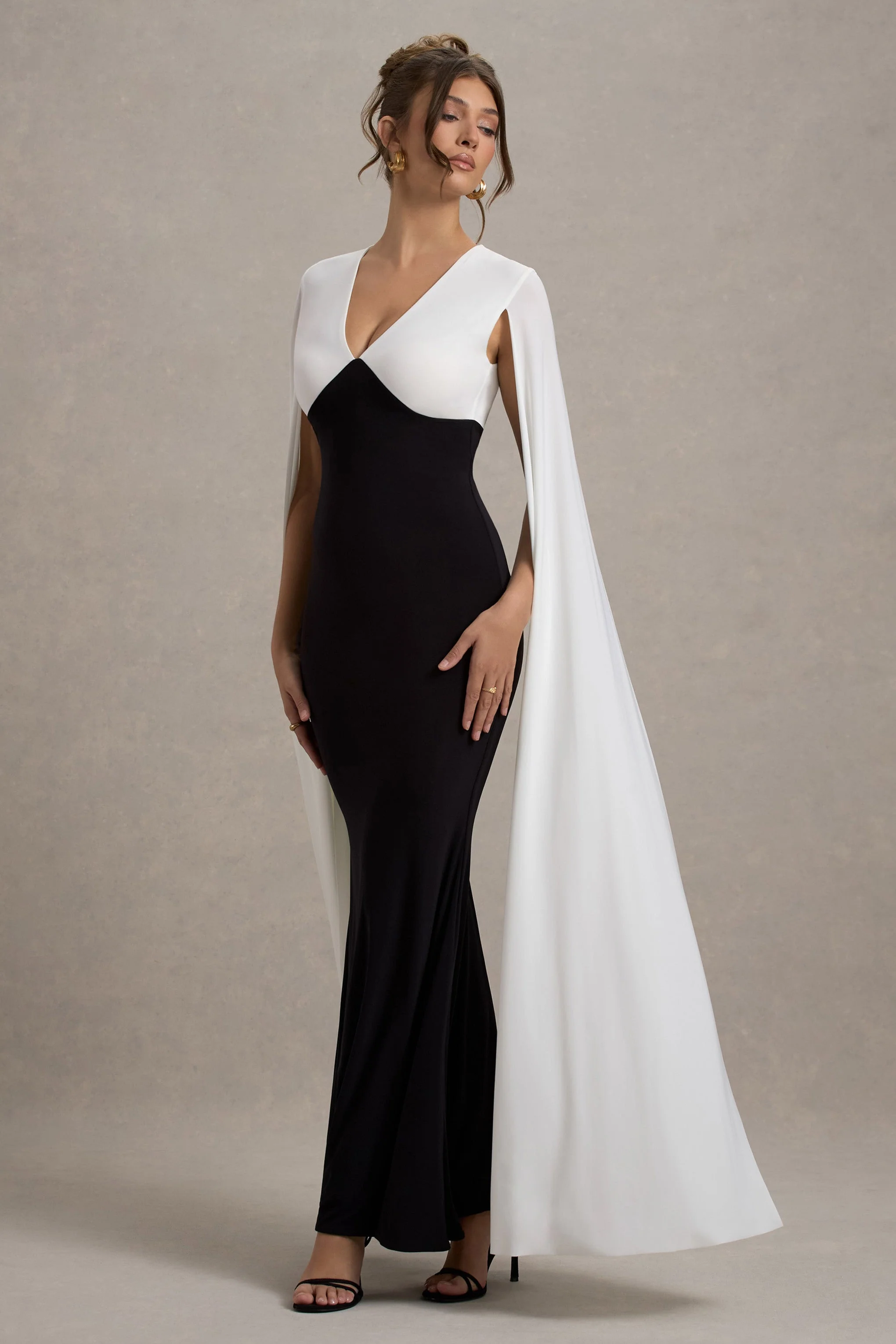 Black & White Plunge-Neck Maxi Dress With Cape Sleeves