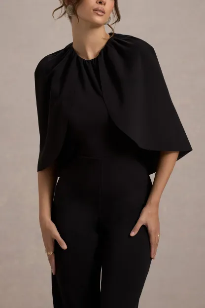 Black Cape-Sleeve Straight-Leg Jumpsuit