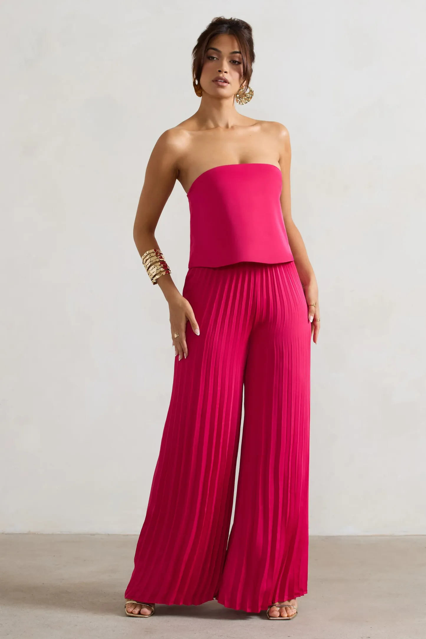 Dark Pink Satin Strapless Plisse Wide-Leg Jumpsuit