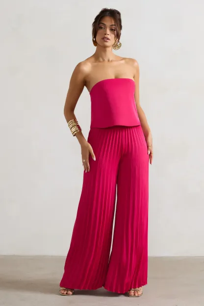 Dark Pink Satin Strapless Plisse Wide-Leg Jumpsuit