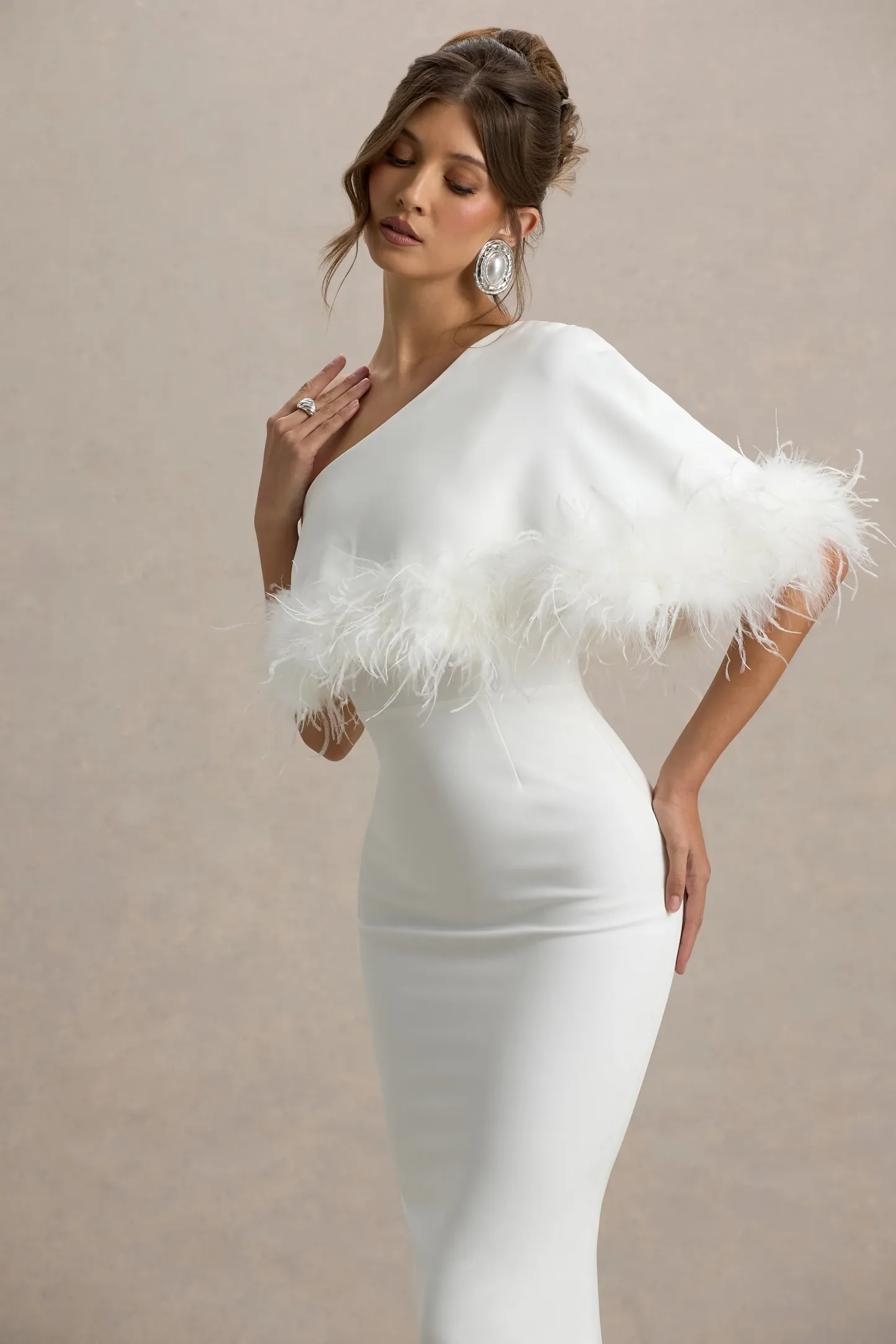 White Asymmetric Maxi Dress With Feather Trim