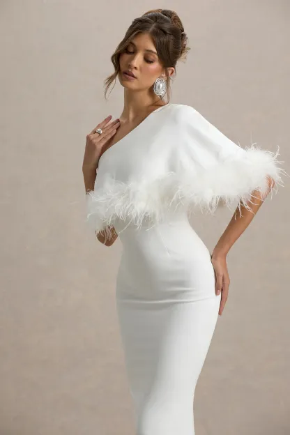 White Asymmetric Maxi Dress With Feather Trim