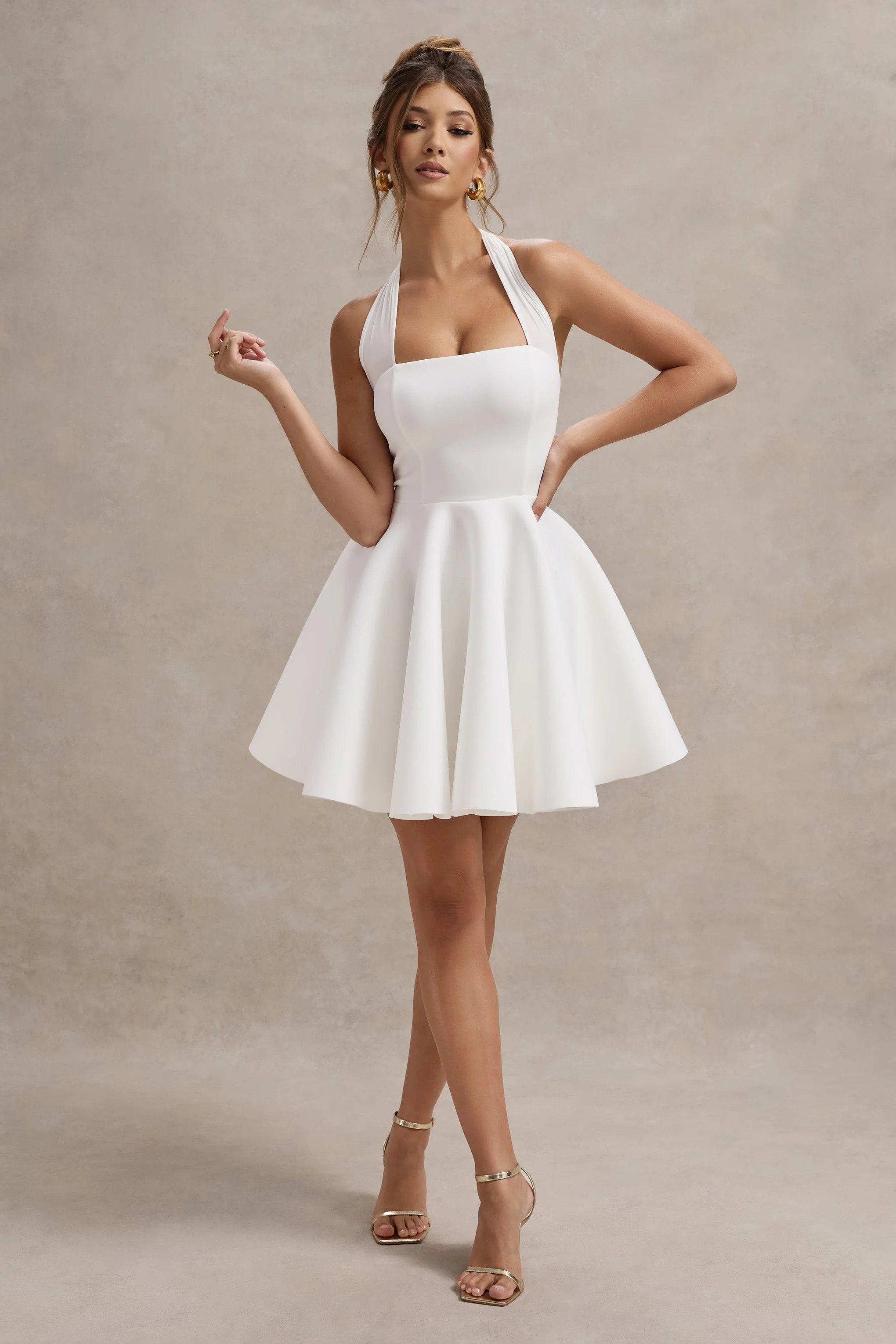 White Halter-Neck Skater Mini Dress