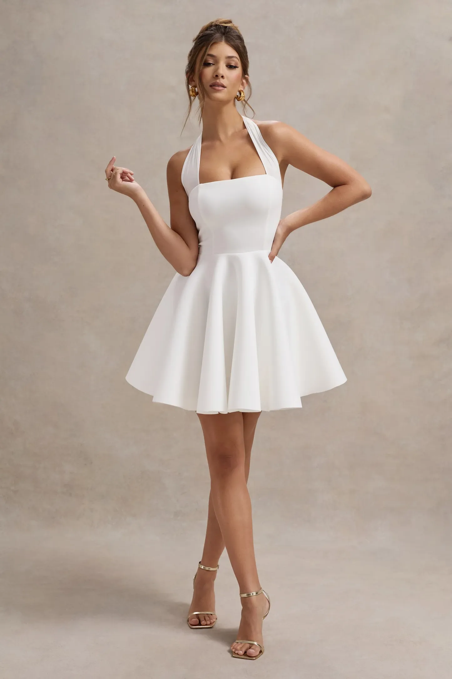 White Halter-Neck Skater Mini Dress