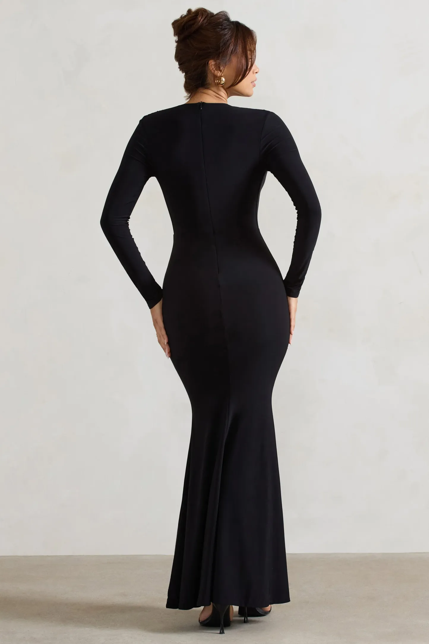 Black Cowl-Neck Long-Sleeve Maxi Dress