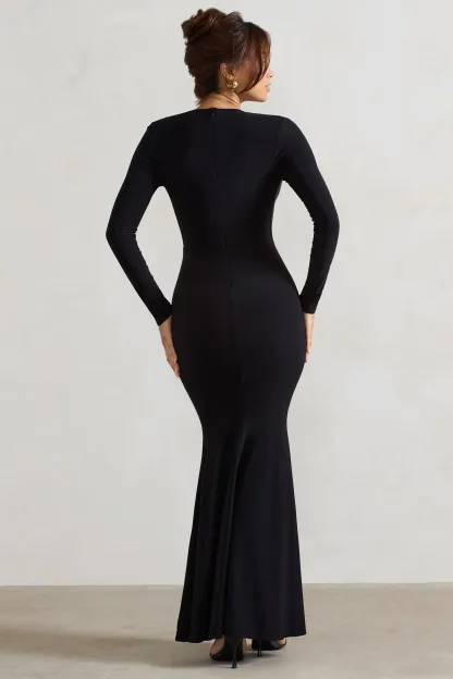 Black Cowl-Neck Long-Sleeve Maxi Dress