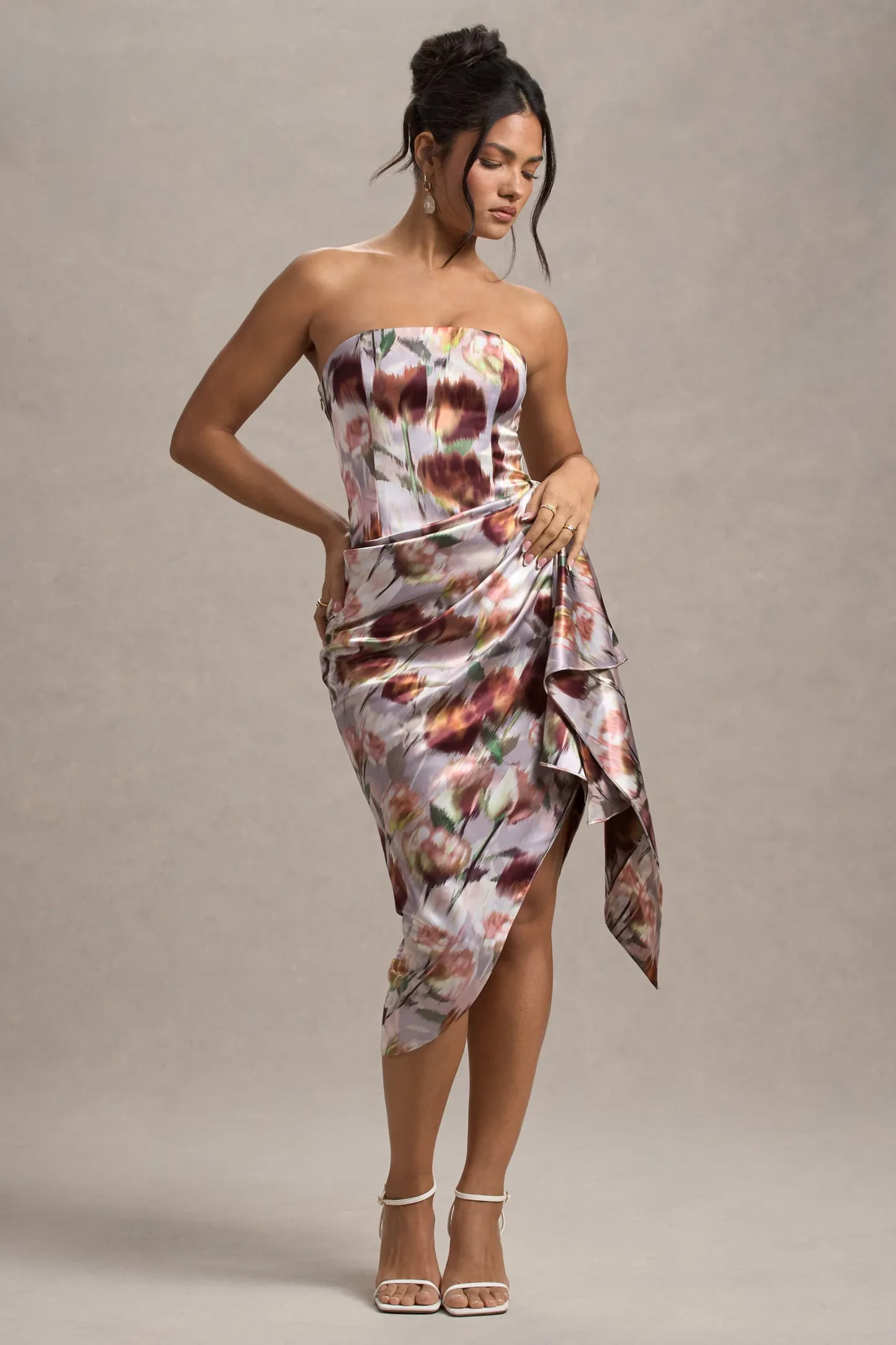 Cream Floral Print Satin Strapless Wrap Midi Dress