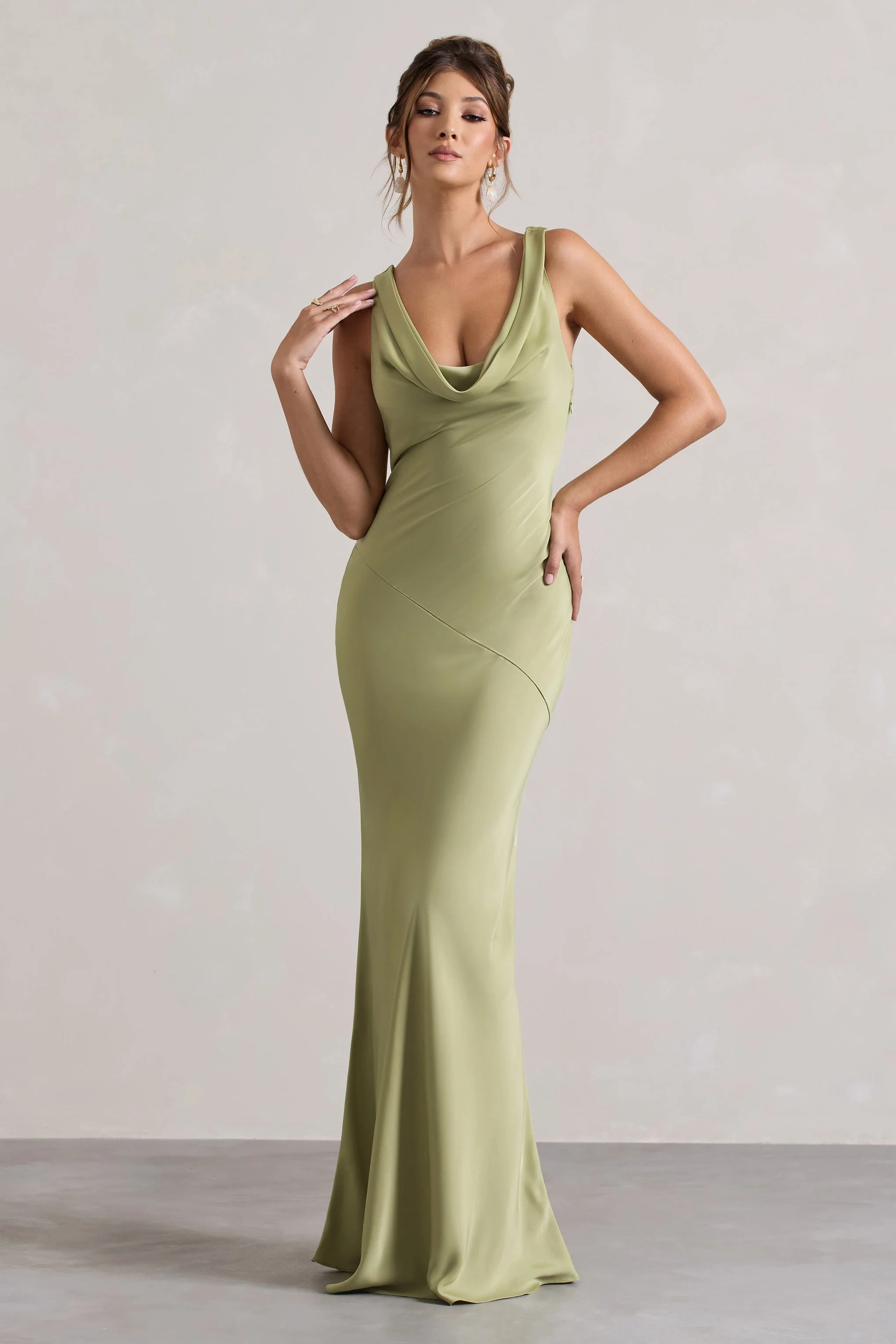 Light Olive Satin Cowl-Neck Maxi Dress