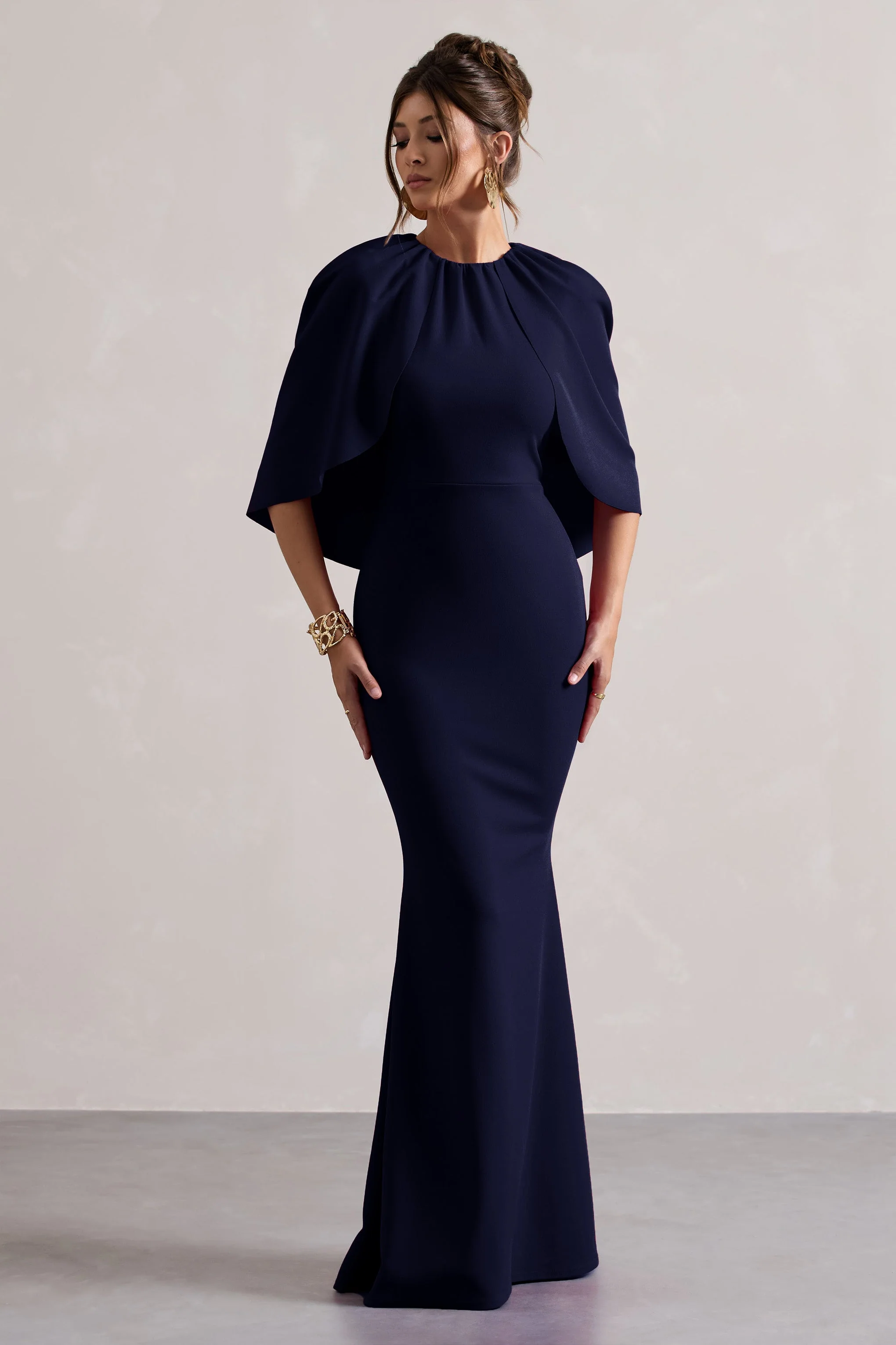 Navy Draped Short-Sleeve Maxi Dress