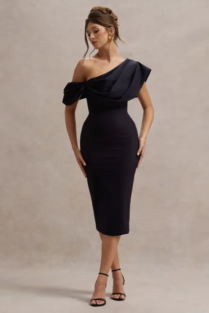 Navy Draped One Shoulder Midi Dress