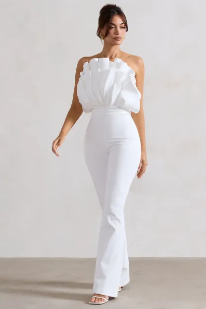 White Ruffled Strapless Flared-Leg Jumpsuit