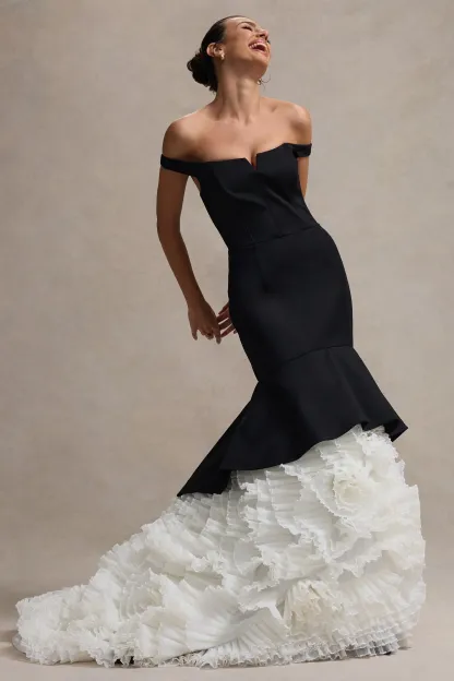 Black & Cream Bardot Maxi Dress With Tulle Skirt