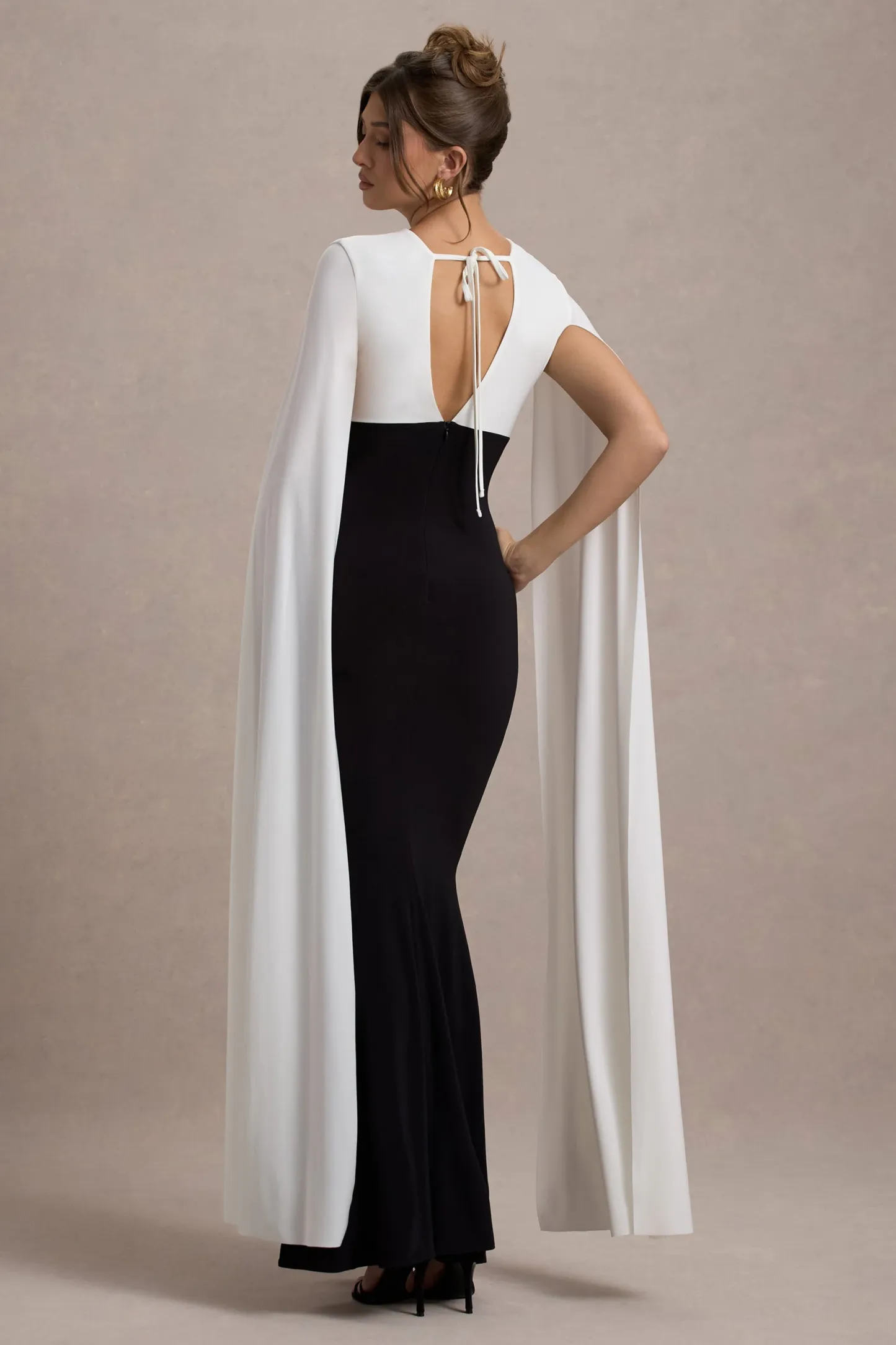 Black & White Plunge-Neck Maxi Dress With Cape Sleeves