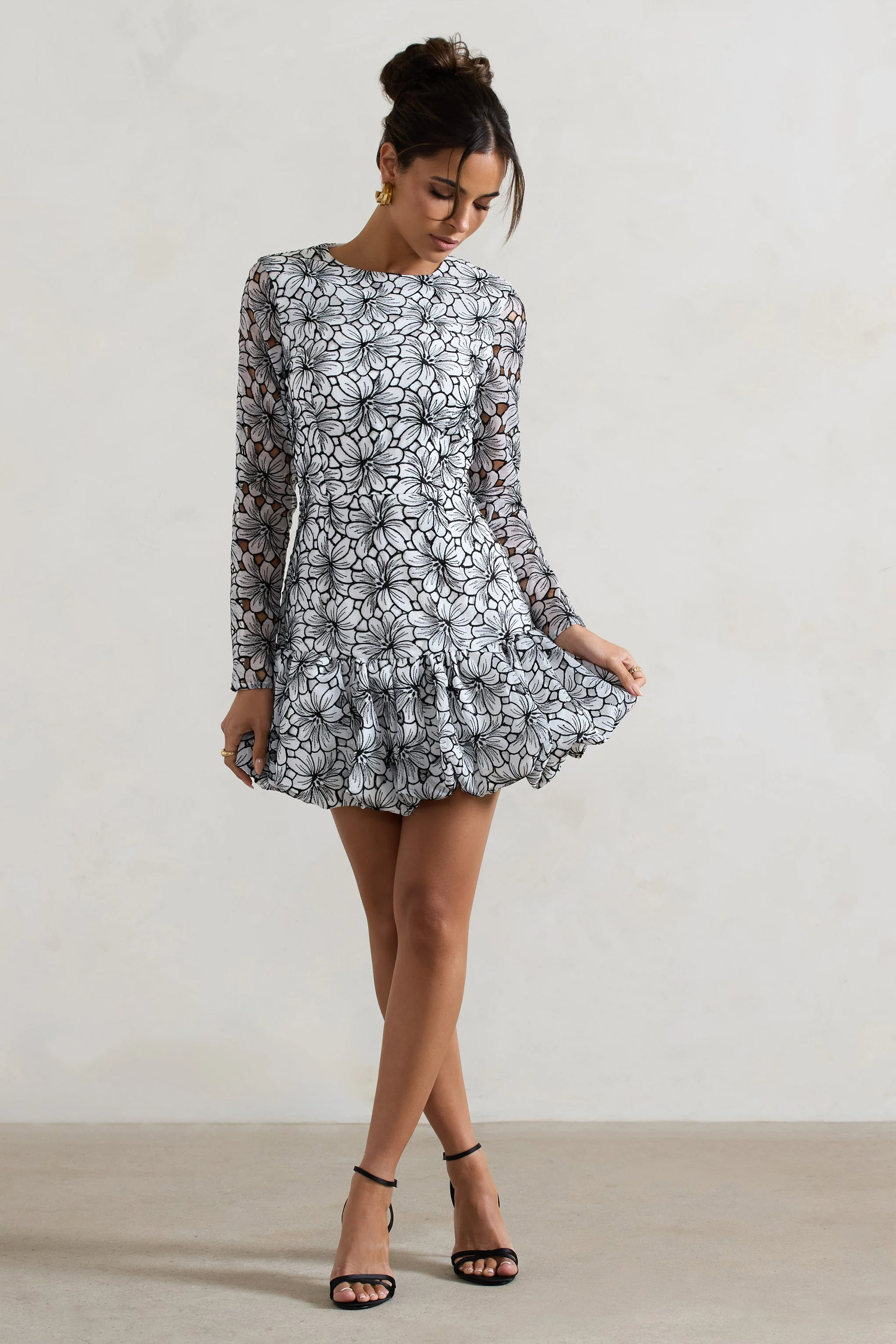 Black & White Lace Long-Sleeve Mini Dress With Ruffle Hem