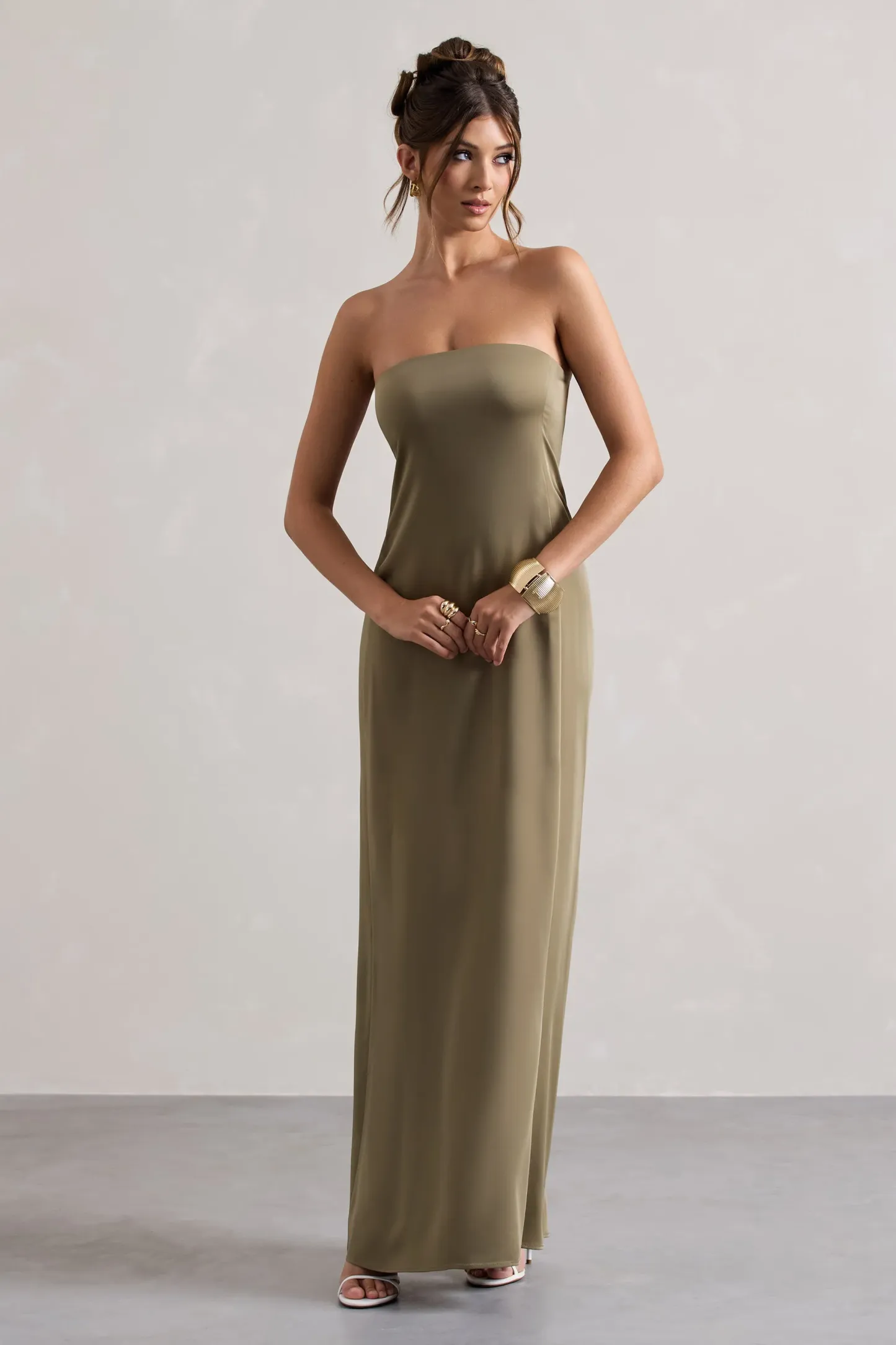 Olive Satin Bandeau Maxi Dress