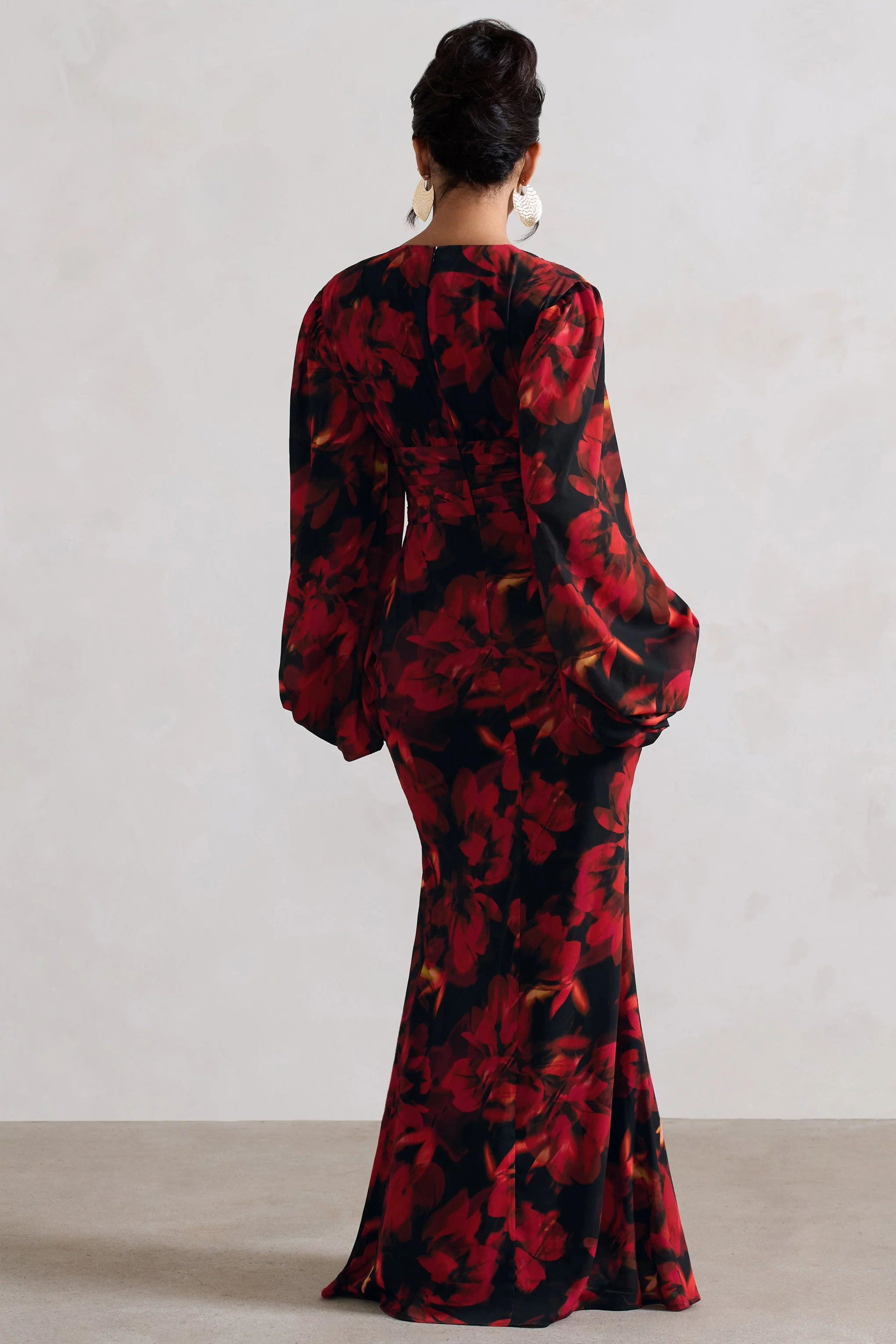 Red Floral Print V-Neck Balloon Sleeve Maxi Dress