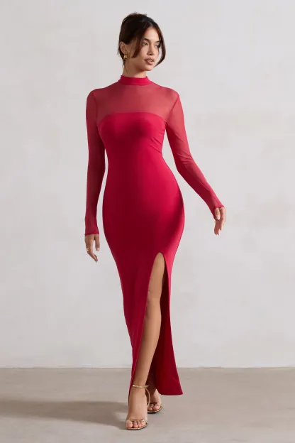 Red High-Neck Split Maxi Dress With Mesh Sleeves