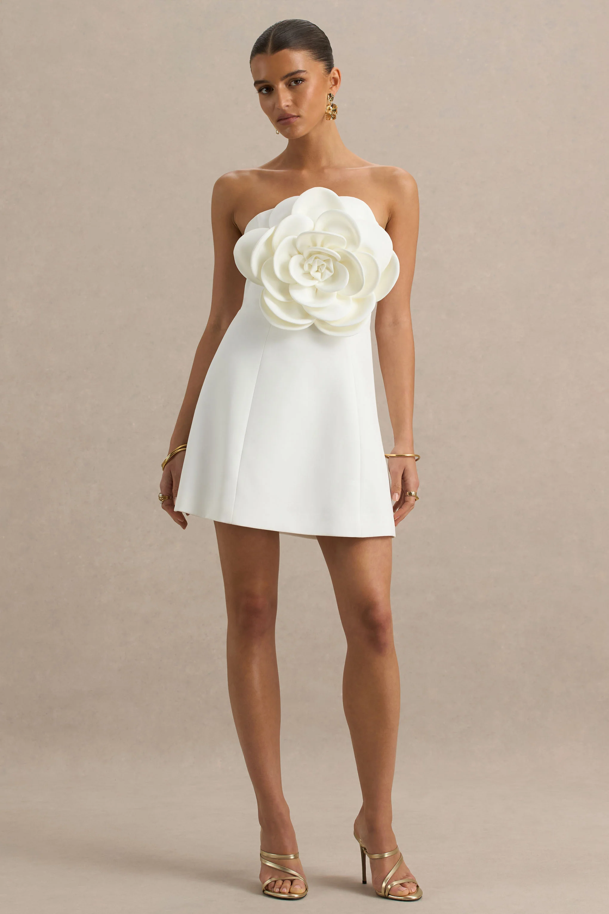 White Bandeau Mini Dress With Large Floral Corsage