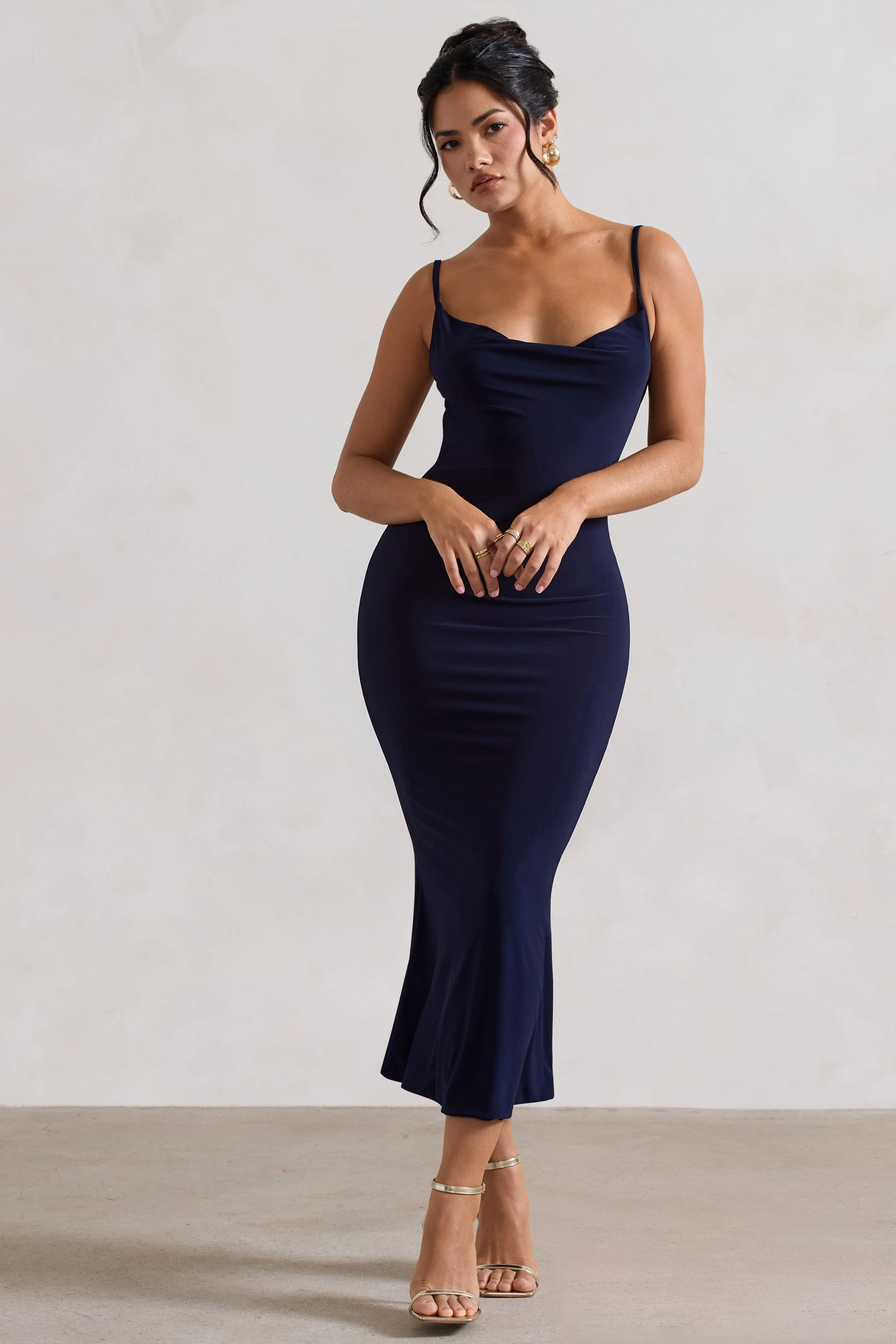 Navy Cowl-Neck Open-Back Midi Dress With Lace