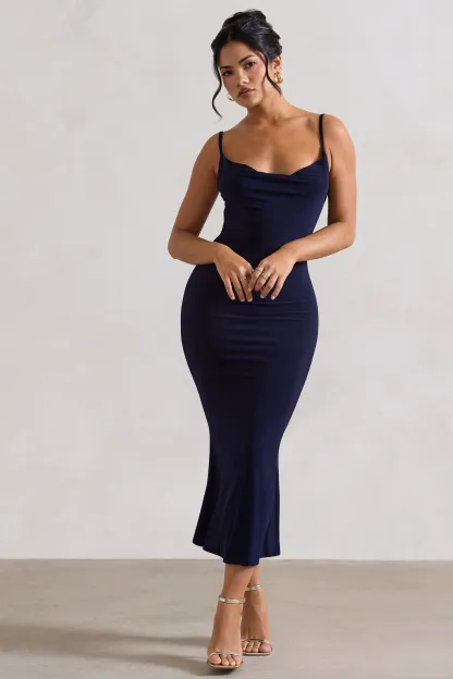 Navy Cowl-Neck Open-Back Midi Dress With Lace