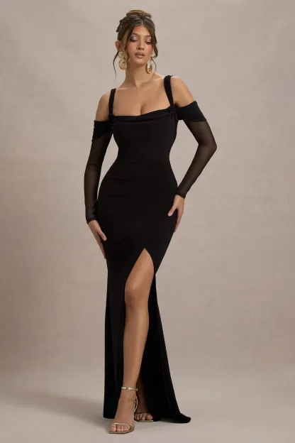 Black Square-Neck Draped Wrap Maxi Dress With Long Sleeves