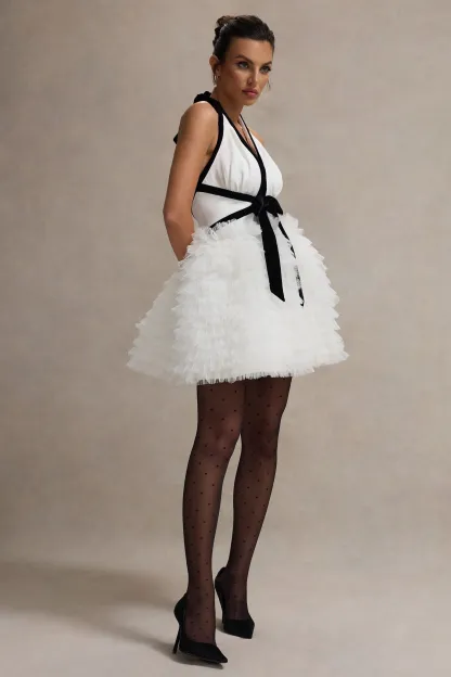 Black & White Plunge-Neck Mini Dress With Tulle Skirt