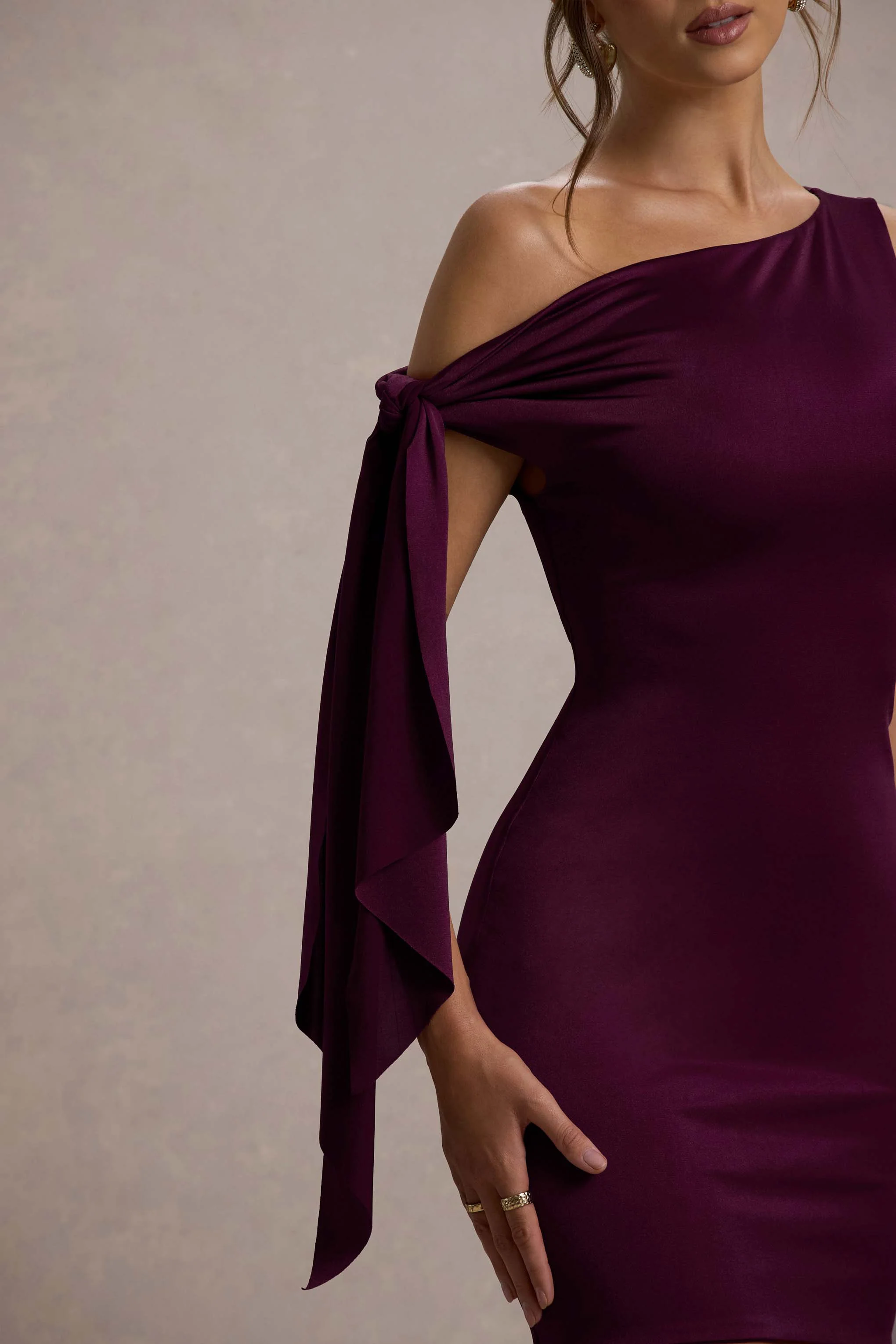 Plum Asymmetric Mini Dress With Tie Sleeve