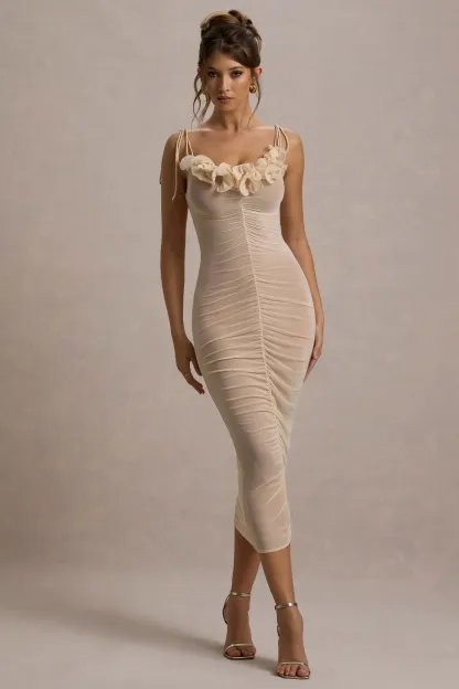 Cream Mesh Ruched Midi Dress With Ruffles