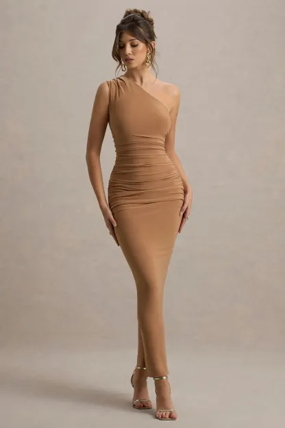 Brown One-Shoulder Gathered Maxi Dress