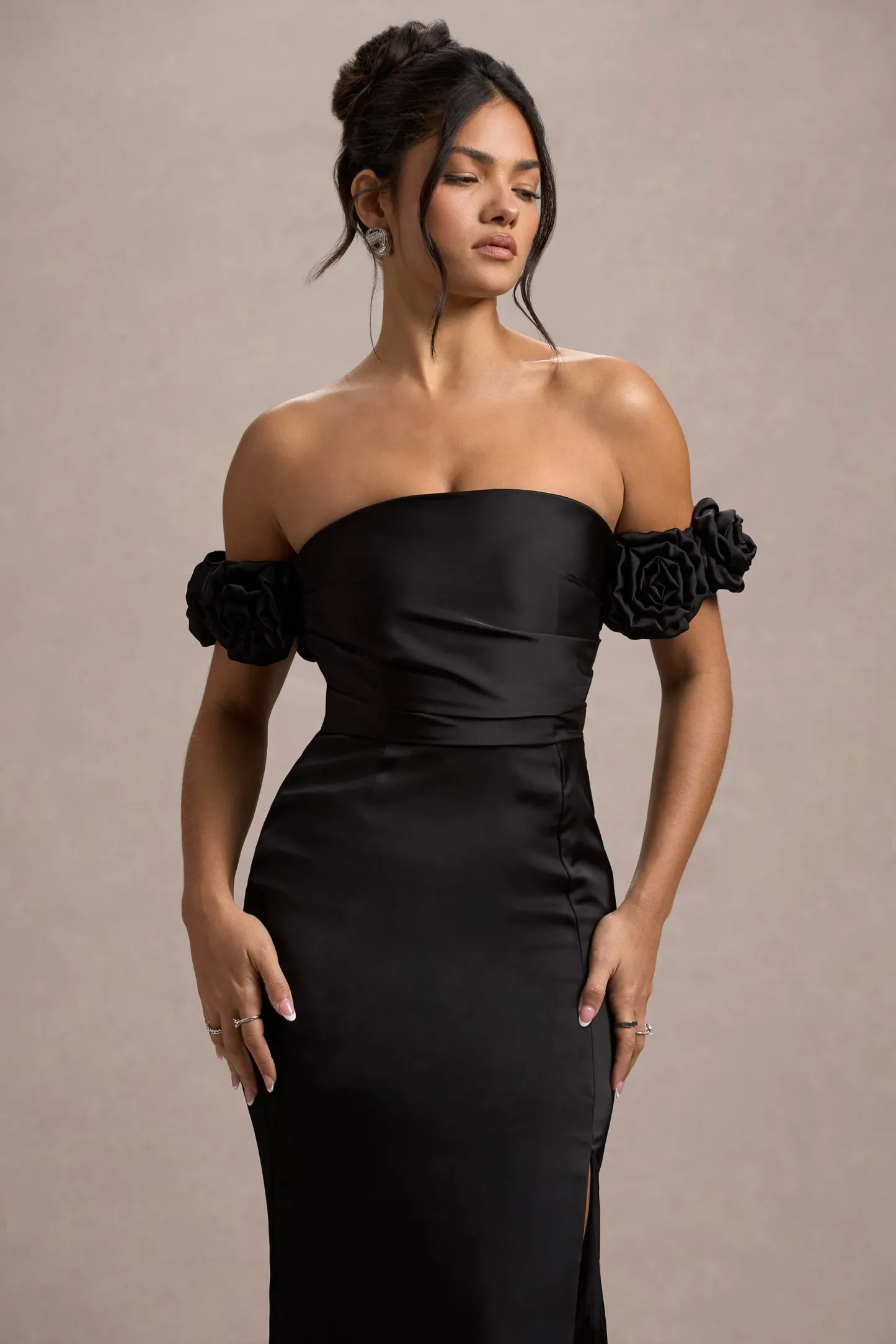 Black Satin Floral Bardot Maxi Dress