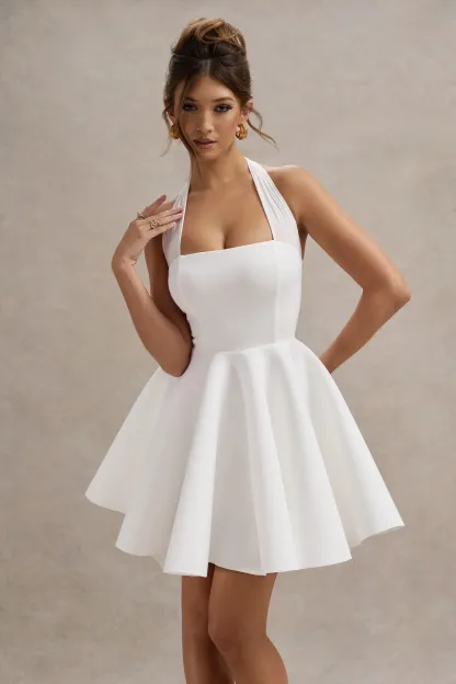 White Halter-Neck Skater Mini Dress