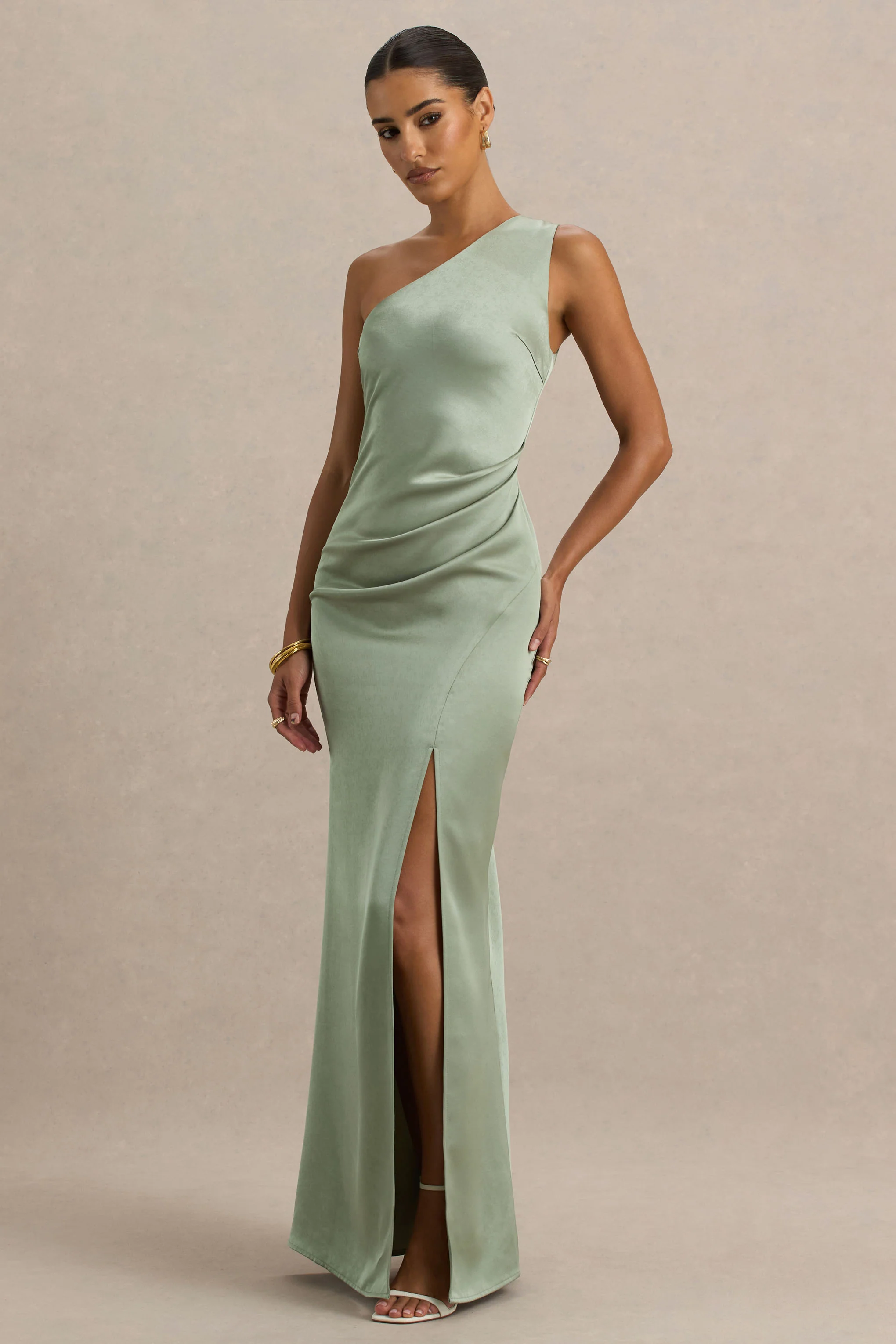 Sage Asymmetric Neckline High-Split Maxi Dress