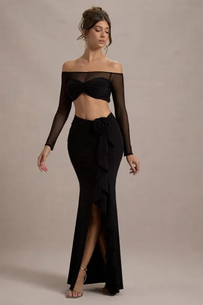 Black Ruched Split Maxi Skirt