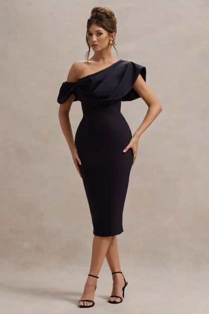 Navy Draped One Shoulder Midi Dress
