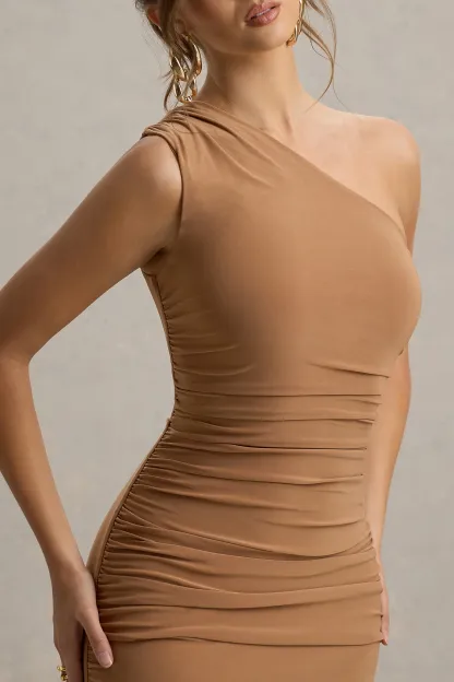 Brown One-Shoulder Gathered Maxi Dress