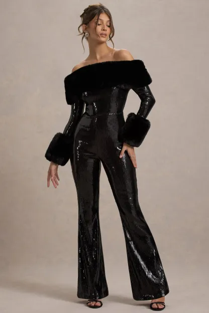Black Sequin Bardot Flared-Leg Jumpsuit With Fur