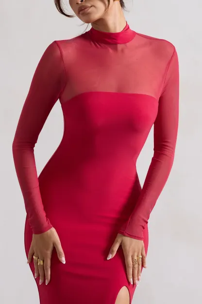 Red High-Neck Split Maxi Dress With Mesh Sleeves