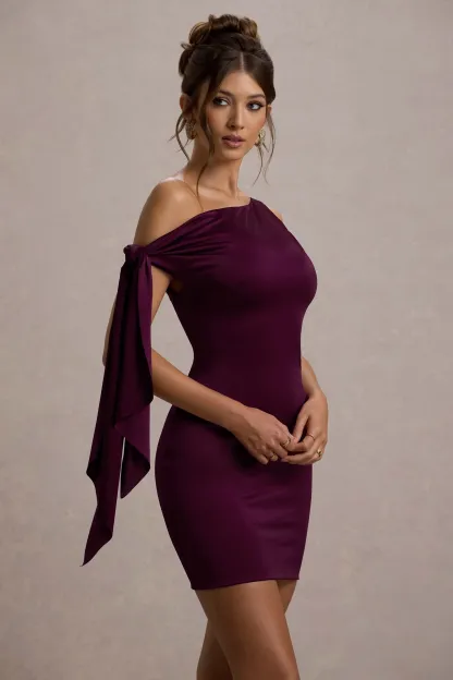 Plum Asymmetric Mini Dress With Tie Sleeve