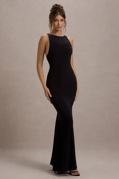 Black Boat-Neck Racer-Back Maxi Dress
