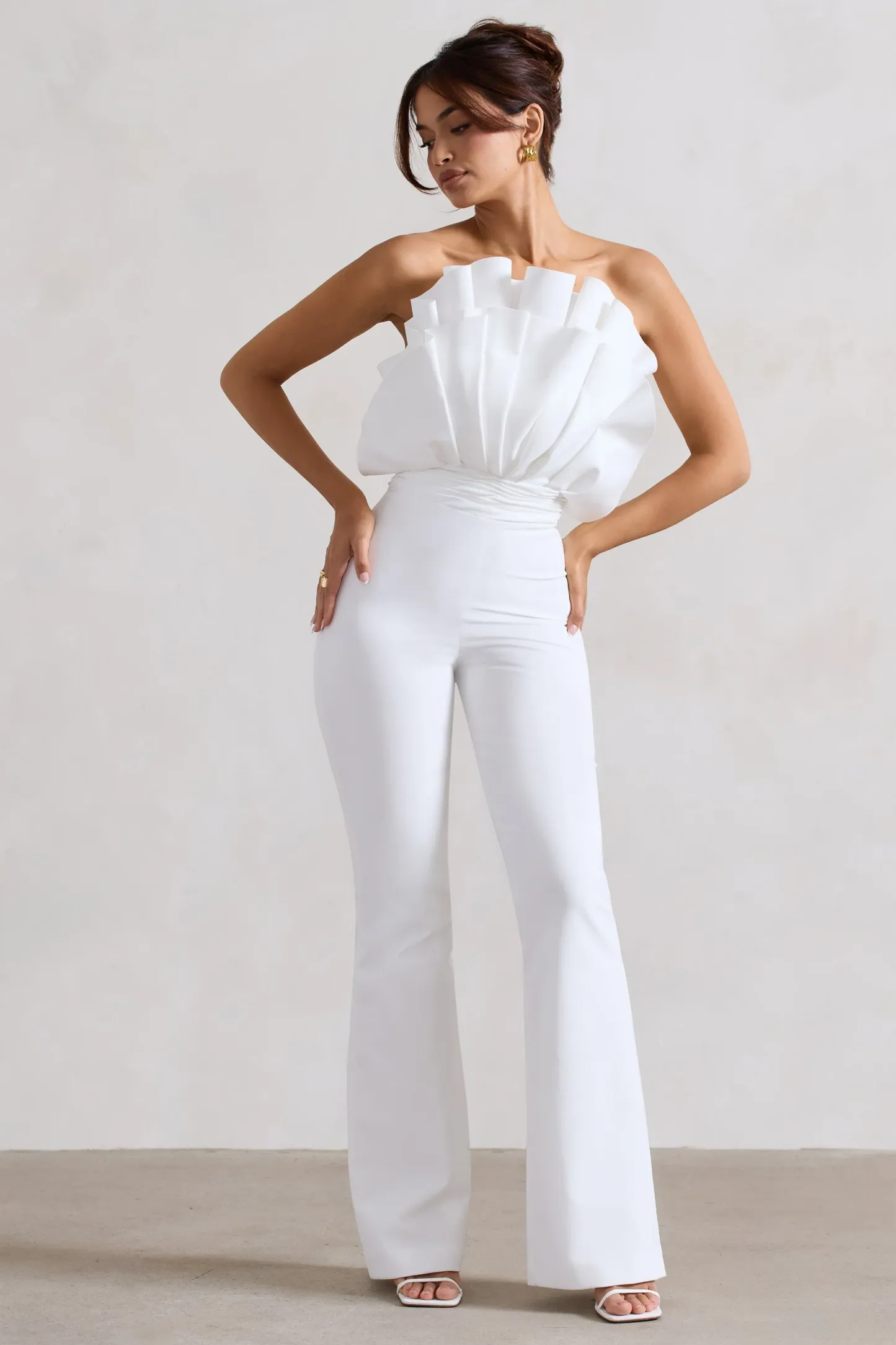 White Ruffled Strapless Flared-Leg Jumpsuit