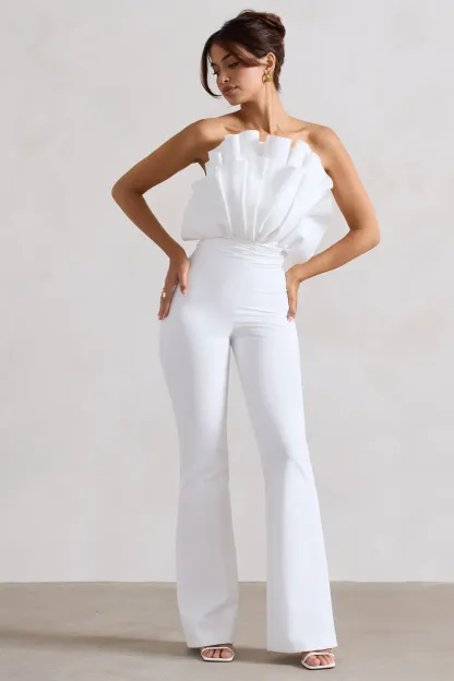 White Ruffled Strapless Flared-Leg Jumpsuit